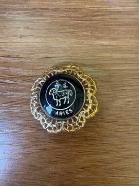 Aries Zodiac Glass Small Button Brooch Pin with Gold Lace Edge